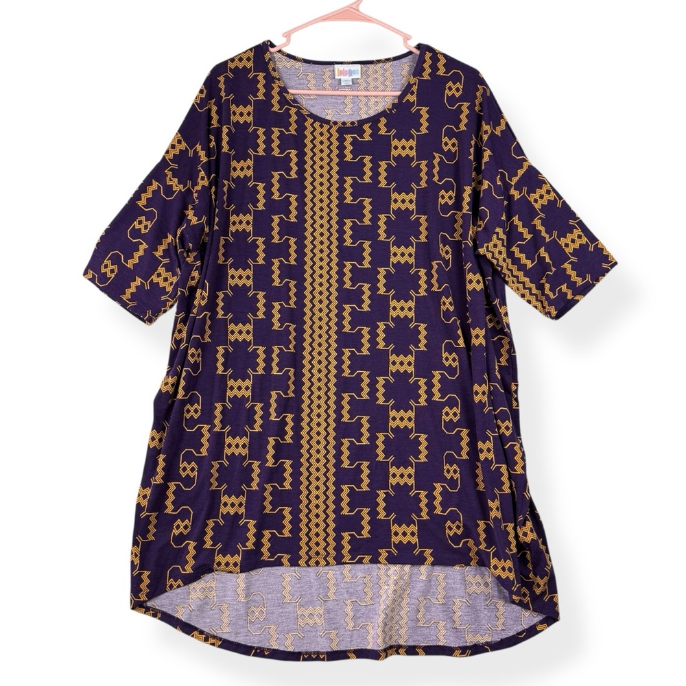 LuLaRoe Irma Short Sleeve Shirt Womens XL Purple Golden Yellow Geo Hi Low